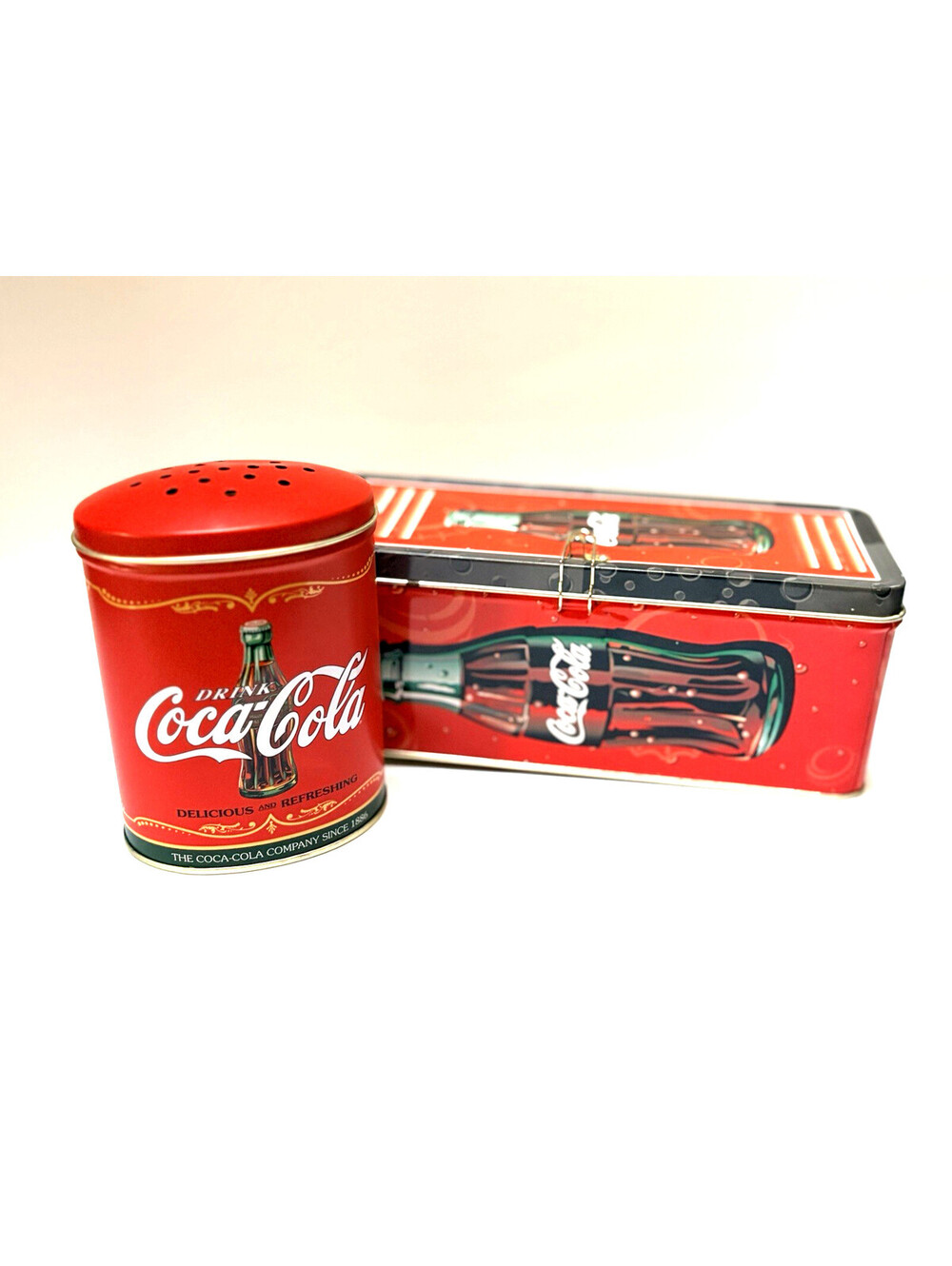 Coca-Cola | Tin Box Co. VTG Set of 2 Decorative Tin/Shaker - Coke Bottle Design